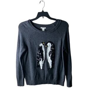 H&M Penguin Graphic  Sequin Sweater Womens Size Small Crew Neck Long Sleeve Gray